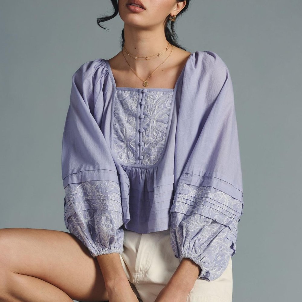 By Anthropologie Romantic Lace Babydoll Blouse Sky Blue Purple - Medium